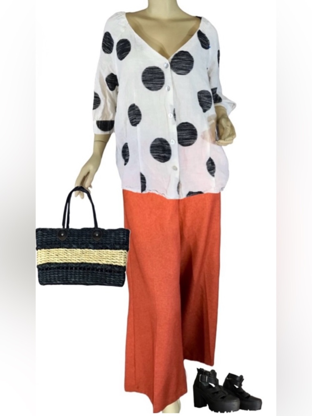 SYMPLE NYC WHITE & BLACK LINEN LARGE DOT TUNIC TOP (XL)